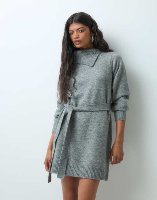 Vero Moda long sleeve split neck knitted mini dress with tie waist in mid grey melange, 2 of 5