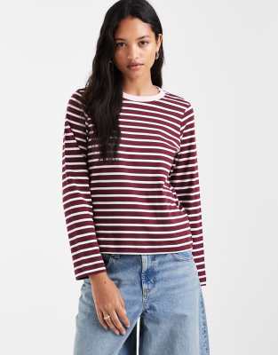 Vero Moda Long Sleeve Stripe T-shirt With Contrast Rib Collar In Red