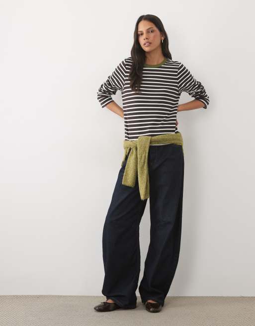 Vero Moda long sleeve stripe t-shirt with contrast rib collar in chocolate brown, 2 of 4