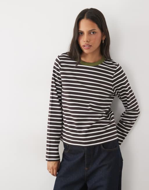 Vero Moda long sleeve stripe t-shirt with contrast rib collar in chocolate brown, 4 of 4