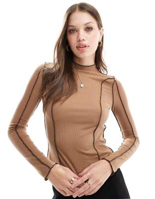 Vero Moda Long Sleeve T-shirt With Contrast Stitching In Brown-neutral