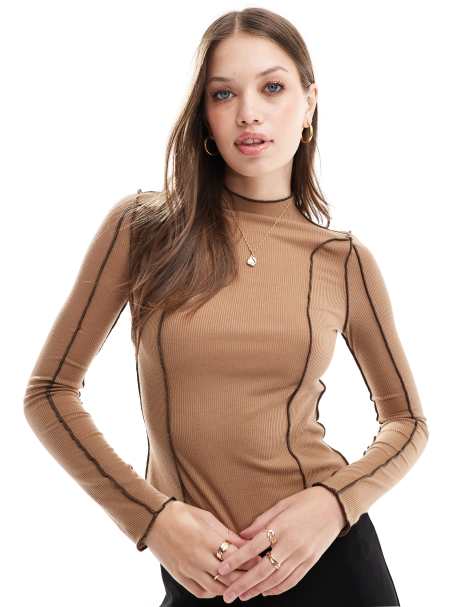 Vero Moda long sleeve t-shirt with contrast stitching in brown - view 1