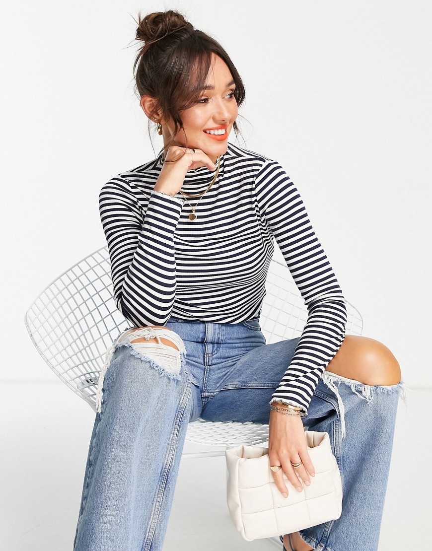 Vero Moda long sleeve T-shirt with high neck in navy and white stripe-Multi