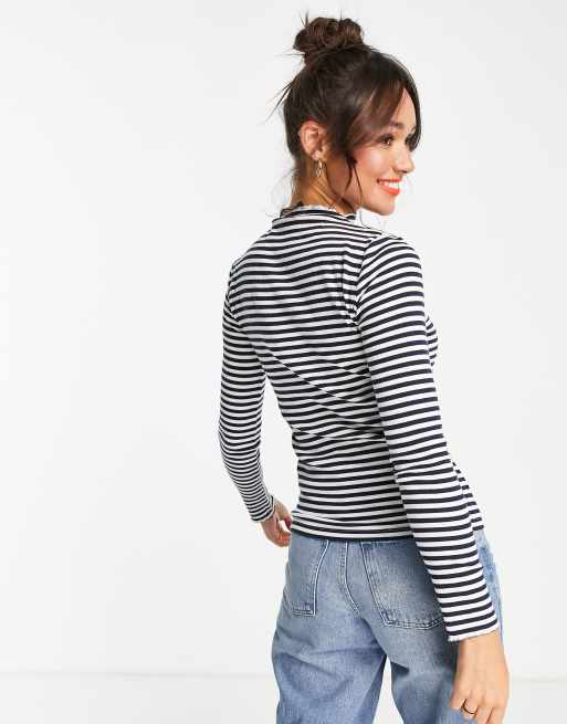 Vero Moda long sleeve t-shirt with high neck in navy and white stripe, 2 of 4
