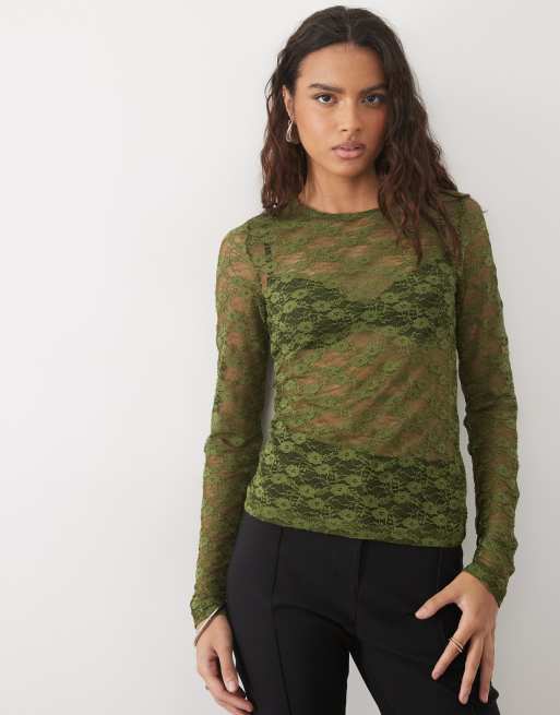 Vero Moda long sleeve textured o-neck top in green check, 2 of 4