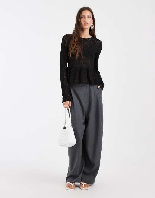 Vero Moda long sleeve textured peplum top in black, 2 of 4
