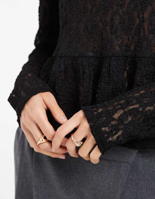 Vero Moda long sleeve textured peplum top in black, 3 of 4