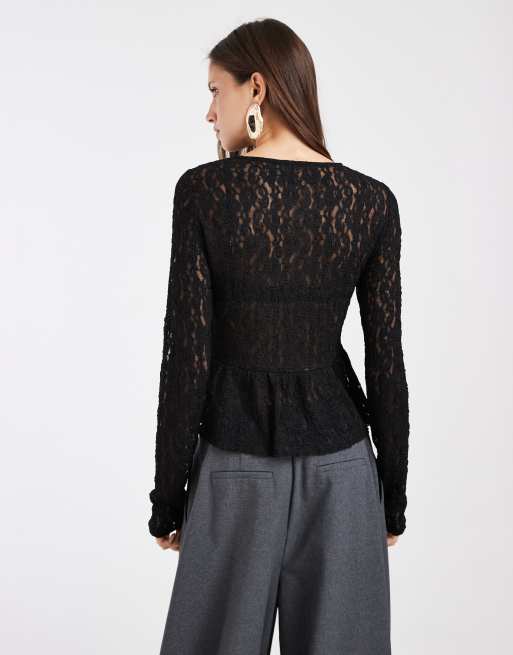 Vero Moda long sleeve textured peplum top in black, 4 of 4