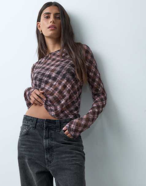 Vero Moda long sleeve textured top in pink check - view 1