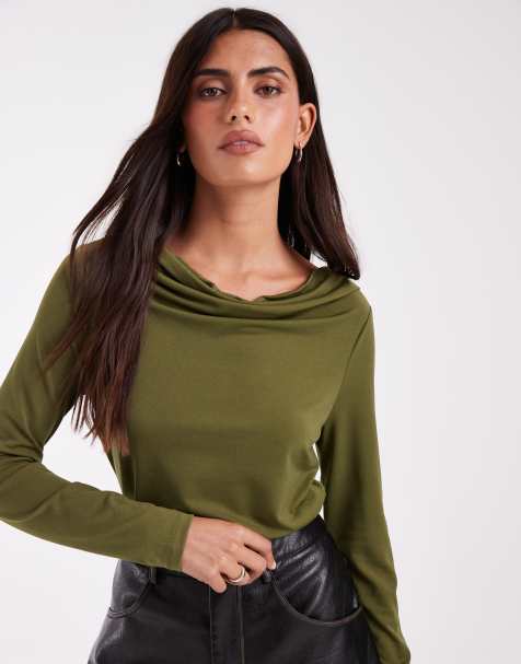 Vero Moda long sleeve waterfall top in moss green - view 1