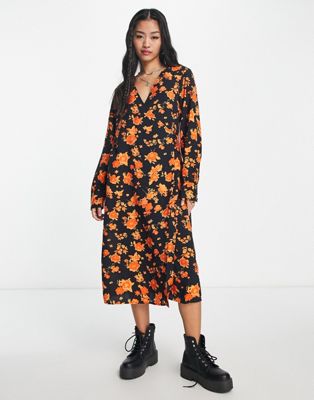 Vero Moda long sleeve wrap midi dress in orange floral
