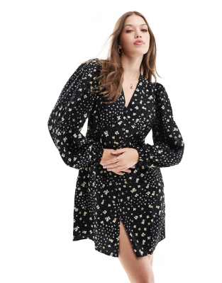 long sleeved buttondown mini dress in mono floral-Black