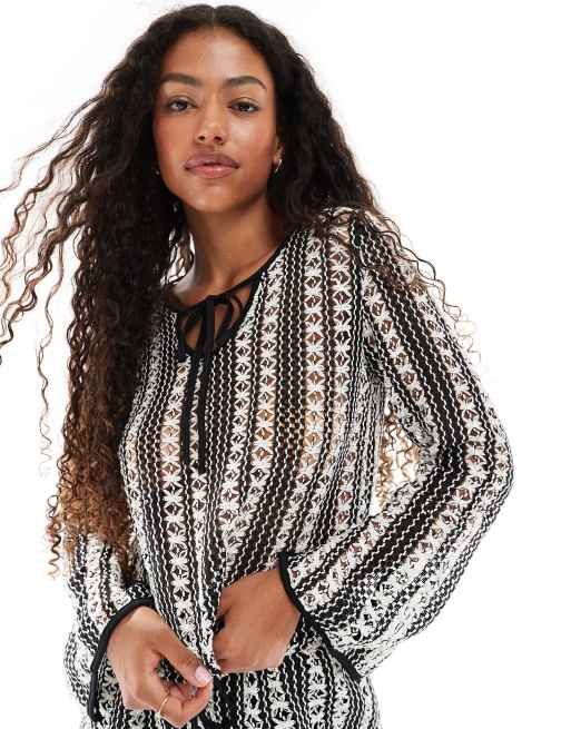 Vero Moda long sleeved crochet lace top in mono stripe (Part of a set)