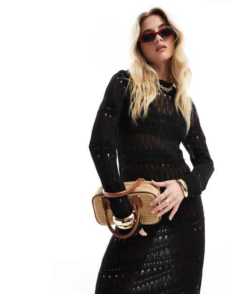 Vero Moda long sleeved crochet midi dress in black - view 1