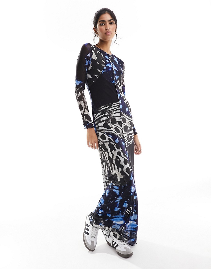 Vero Moda long sleeved lettuce edge mesh maxi dress in blue abstract butterfly print