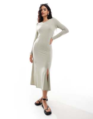 long sleeved maxi dress with seam detail in stone-Neutral