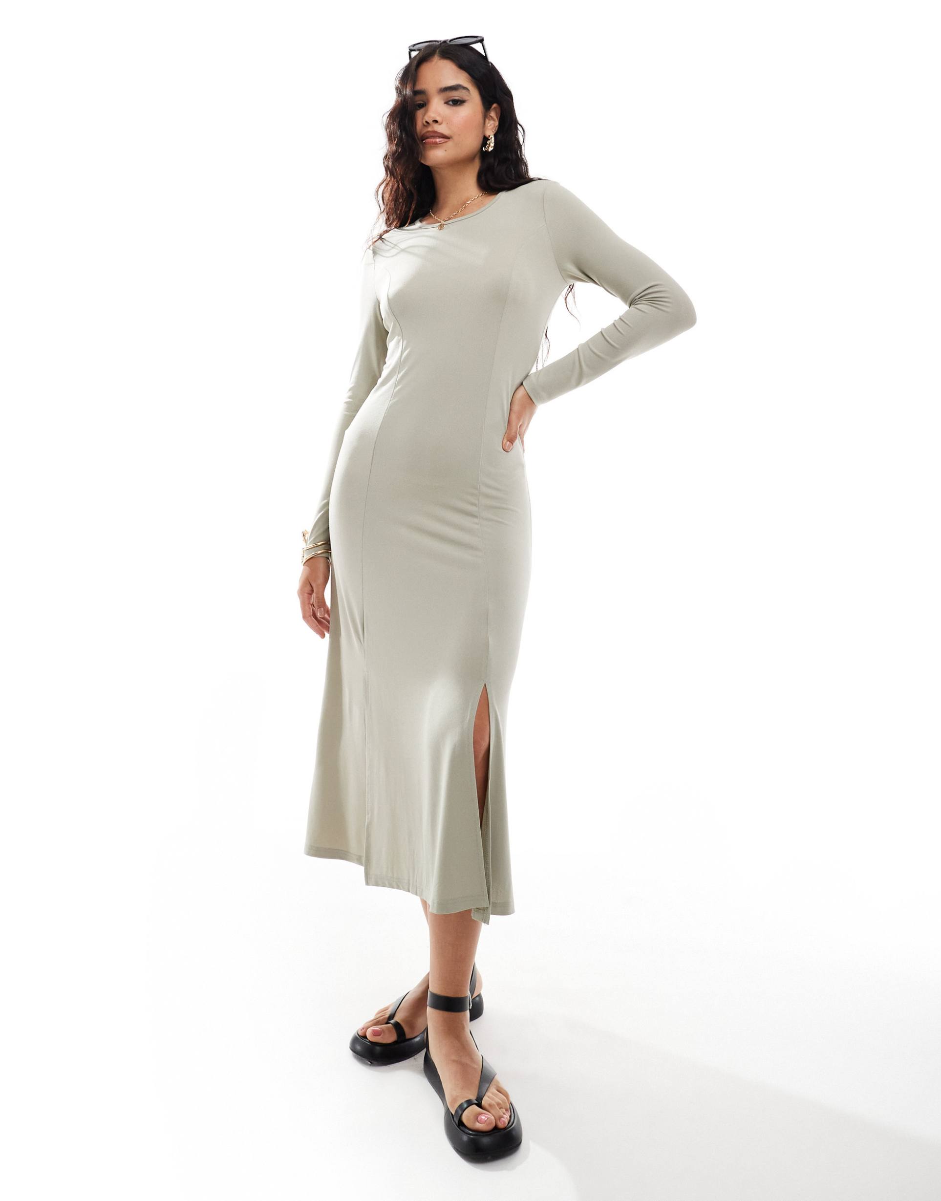 vero moda long sleeved maxi dress with seam detail in stone