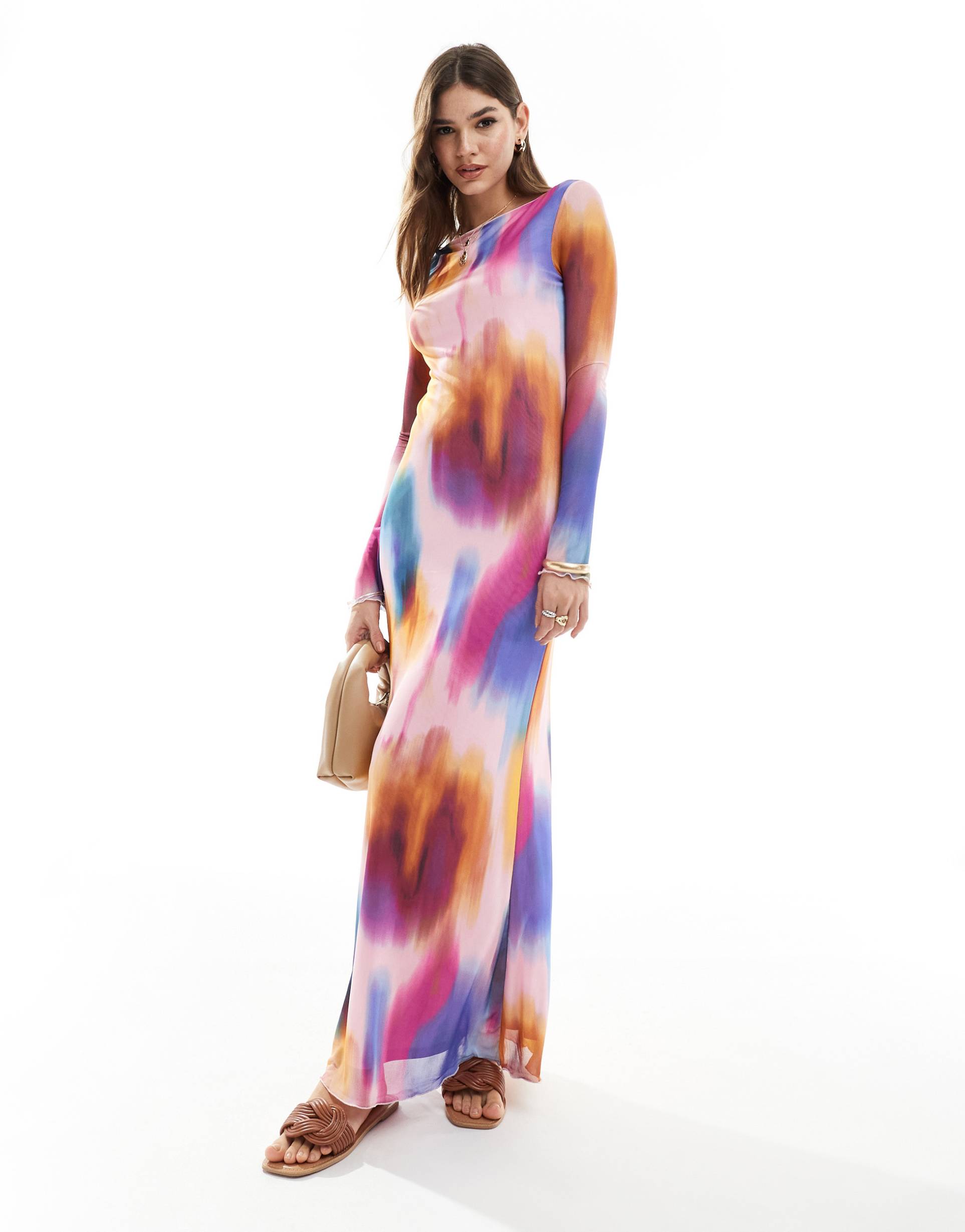 vero moda long sleeved mesh dress in blurred multi print