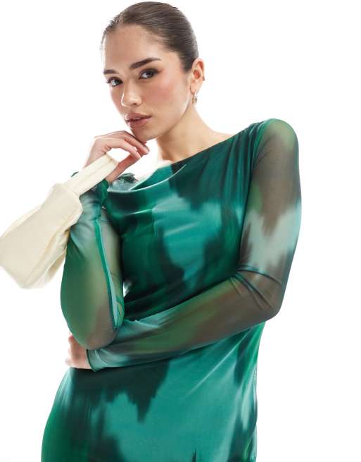 slim fit dress slacks Tie Backless Draped Detail Flounce Sleeve Glitter Mesh Dress, Dark Green / Xs main image 0