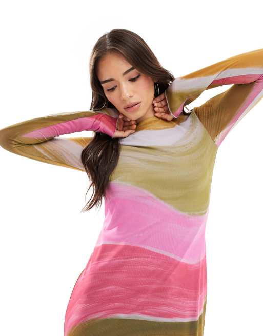 Vero Moda long sleeved mesh dress maxi in multicolour overblown painted print, 2 of 4