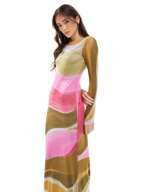 Vero Moda long sleeved mesh dress maxi in multicolour overblown painted print, 4 of 4