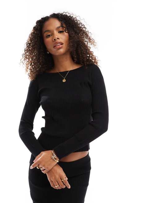 Vero Moda long sleeved paneled knit top and midi skirt set in black