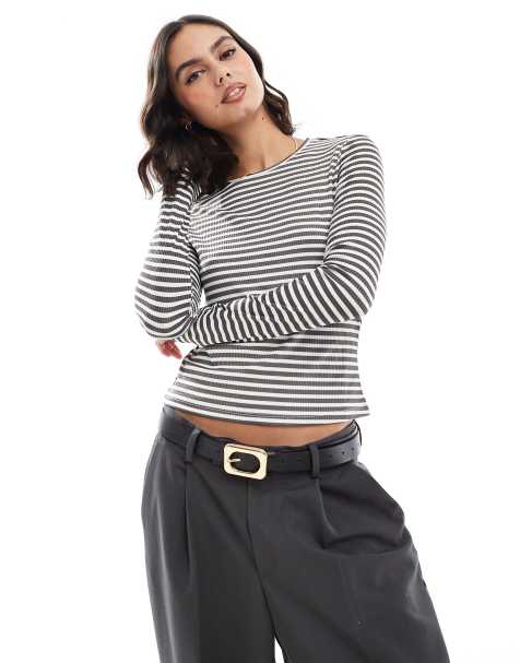 Vero Moda long sleeved ribbed jersey top in asphalt stripe - view 1