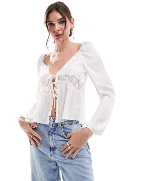 Vero Moda long sleeved tie front top with lace inserts in white - view 1