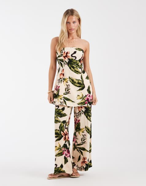 Vero Moda longline bandeau top and wide leg pants set in cream floral - view 1