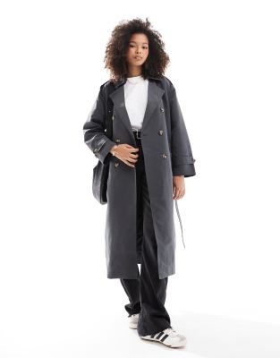 longline belted trench coat in asphalt gray