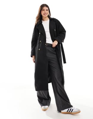 longline belted trench coat in black