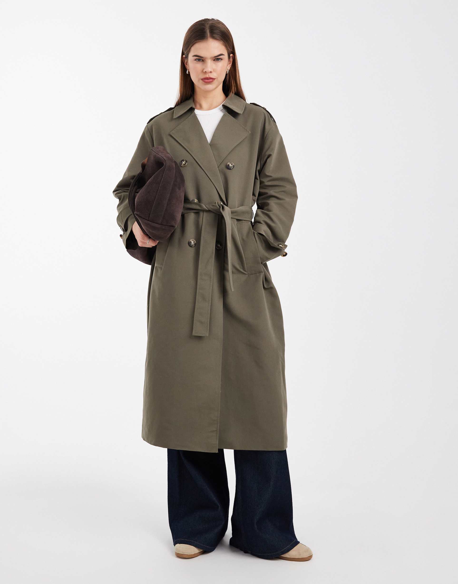vero moda longline belted trench coat in kalamata green