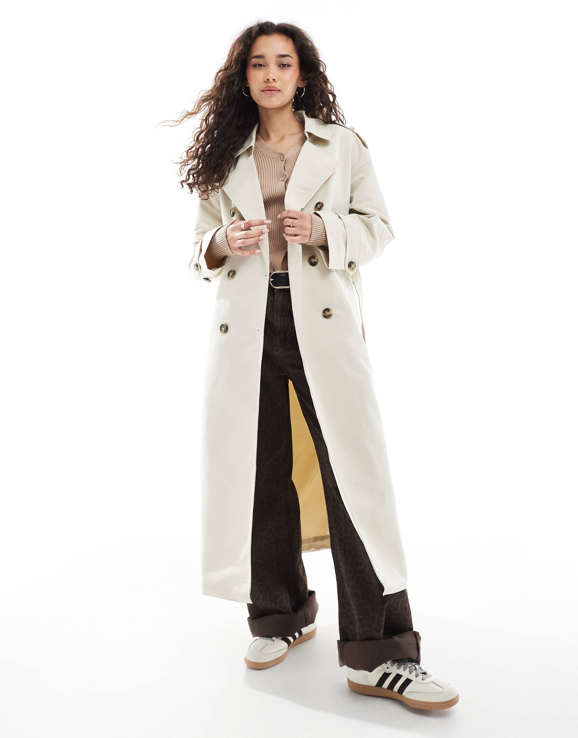 vero moda longline belted trench coat in oatmeal