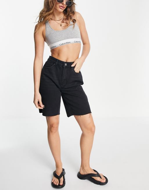 Vero Moda longline denim shorts with raw hem in black, 3 of 4