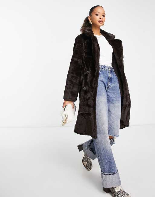 Vero Moda longline faux fur coat in brown | ASOS