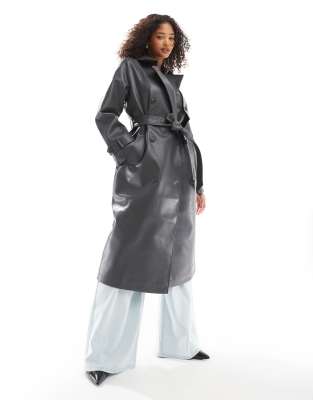 longline faux leather trench coat in asphalt gray