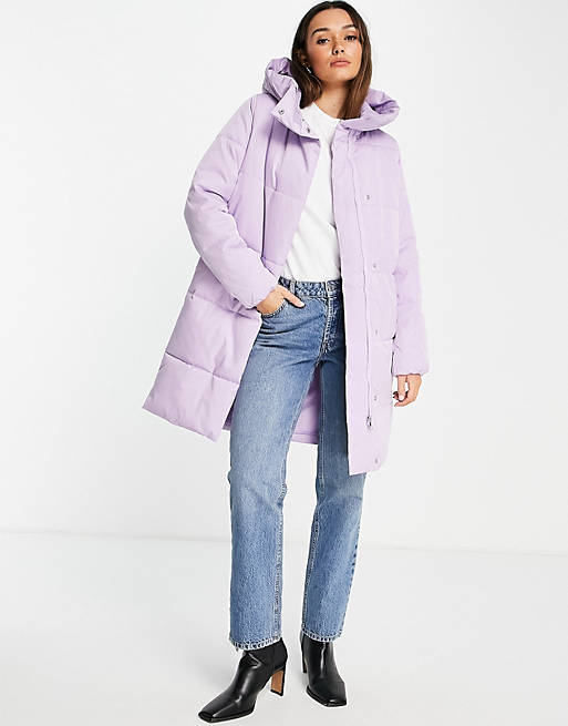Vero Moda longline hooded padded coat in lilac 