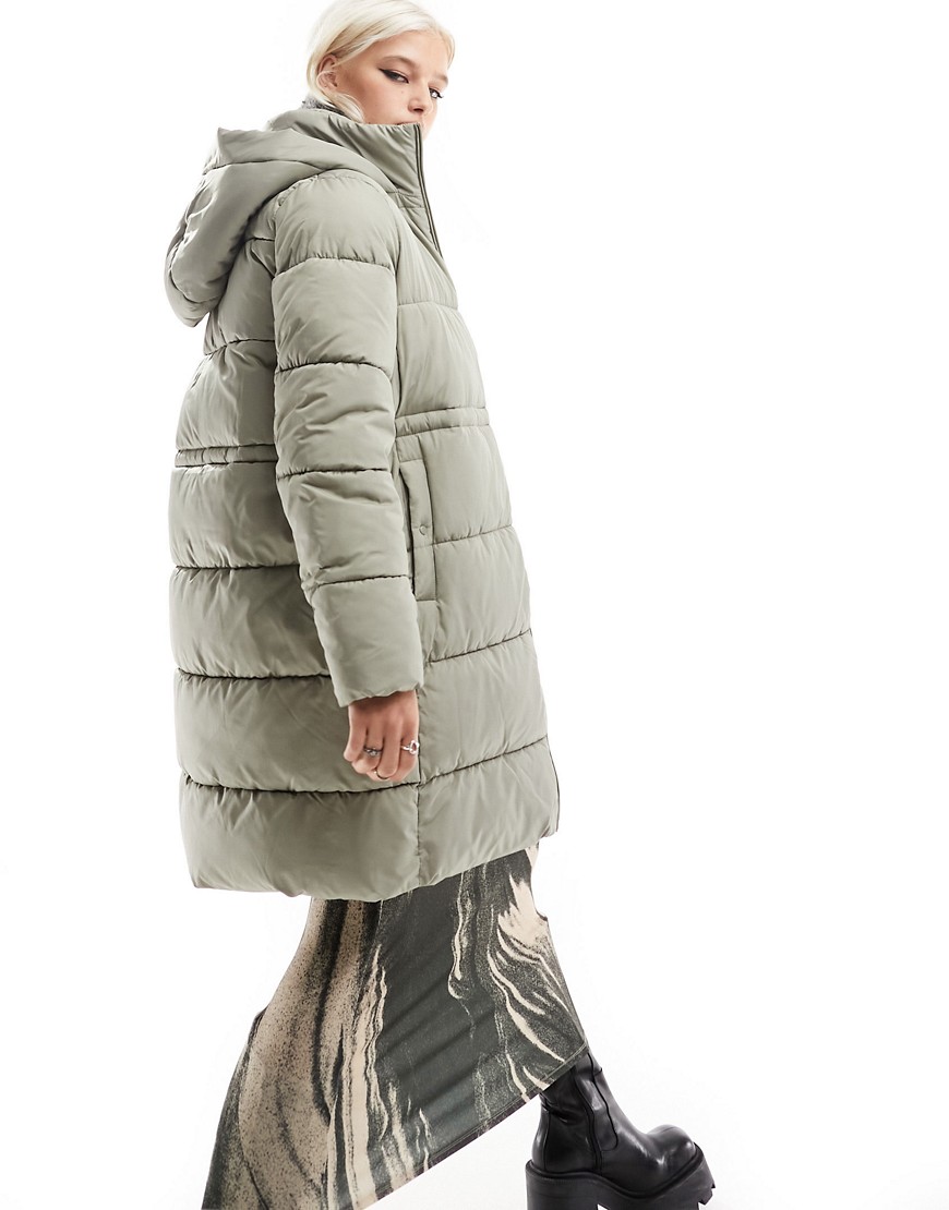 vero moda longline hooded puffer coat in sage-grey