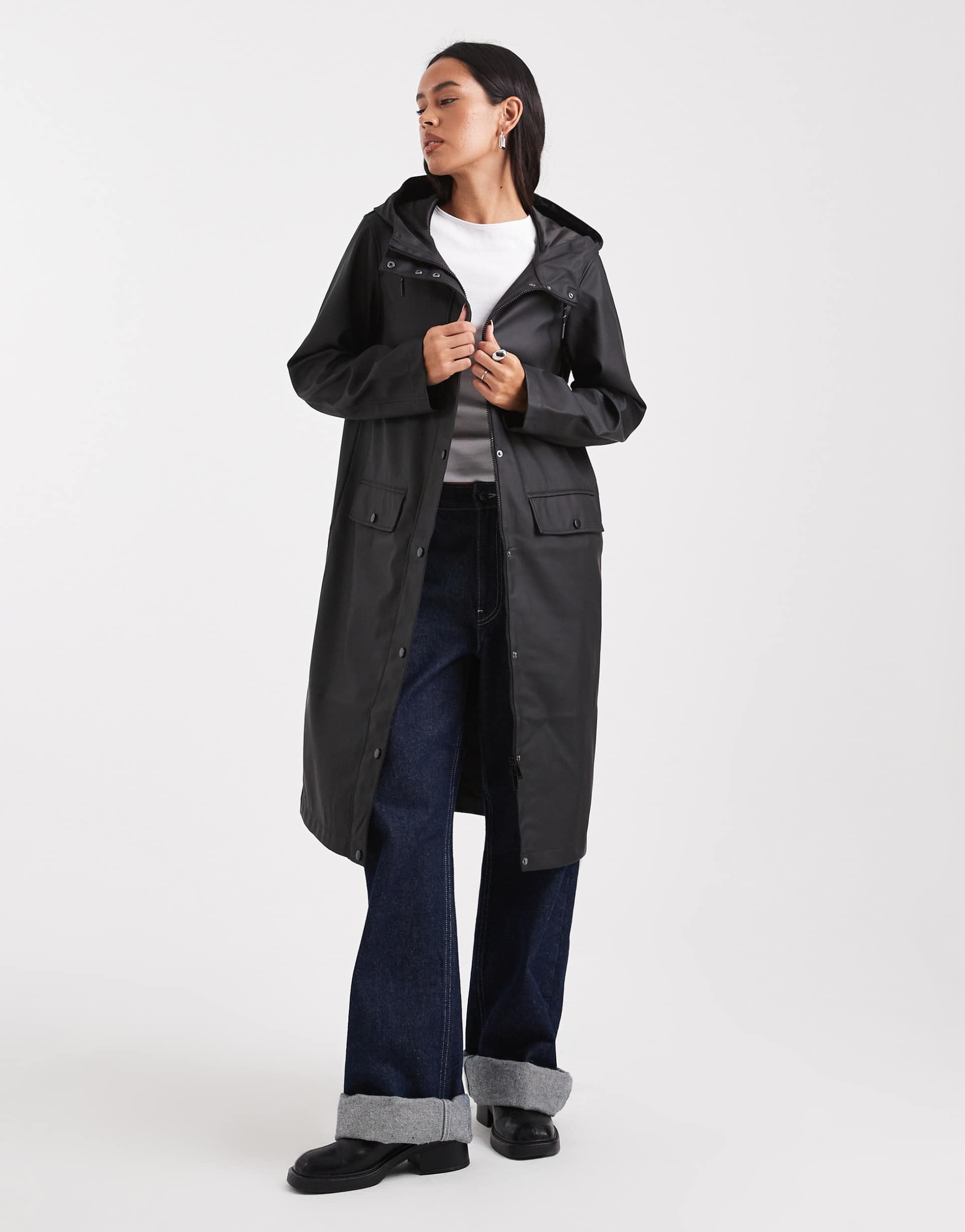 vero moda longline hooded rain coat in black