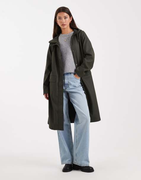 Vero Moda longline hooded rain coat in peat green - view 1