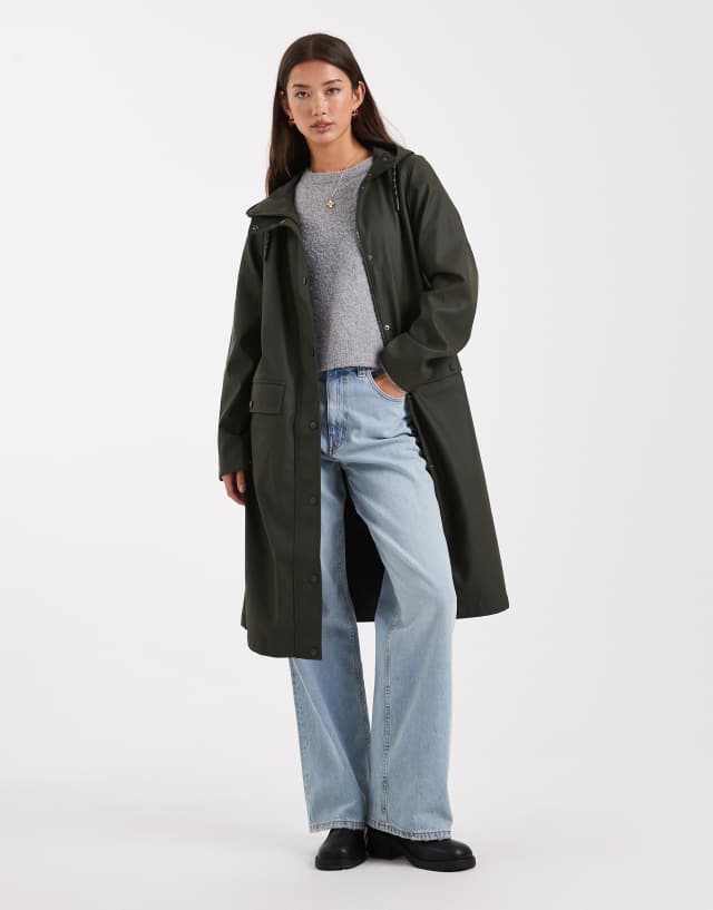 Vero Moda longline hooded rain coat in peat green | ASOS