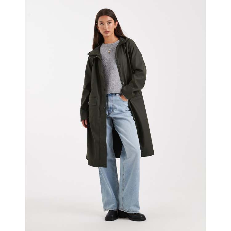 Vero Moda longline hooded raincoat in peat green | ASOS