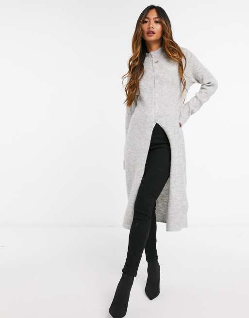 Vero Moda longline jumper with front split in light grey ASOS