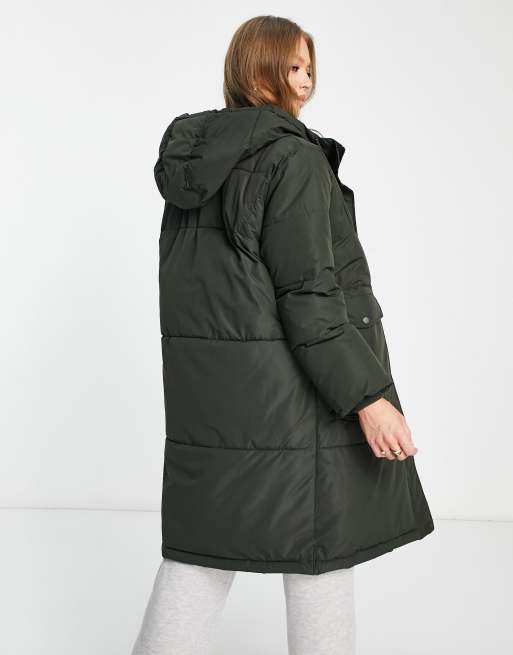 Pieces longline padded coat with hood in olive green