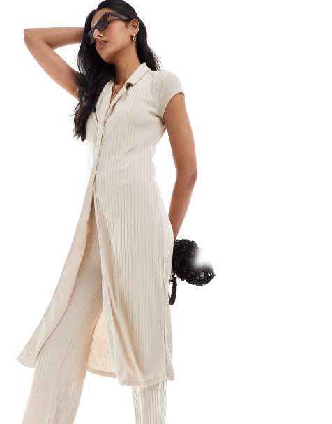 Vero Moda longline ribbed cardigan co-ord in oatmeal - view 1