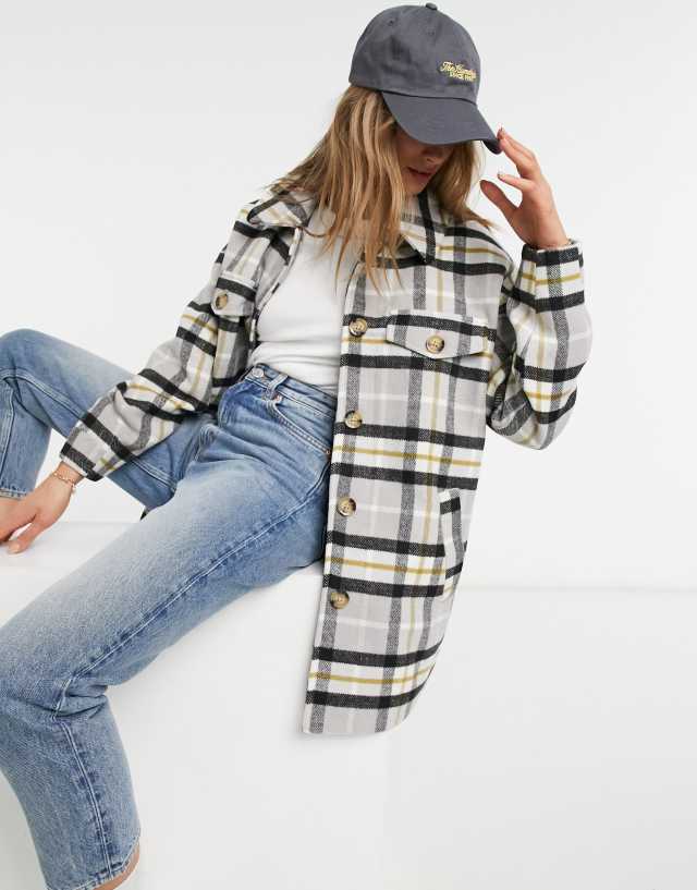 Vero Moda longline shacket in cream and blue plaid