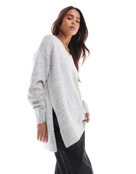 Vero Moda longline soft jumper in light grey melange - view 1