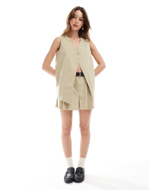 Vero Moda longline tailored waistcoat and pleat front tailored shorts set in beige - view 1