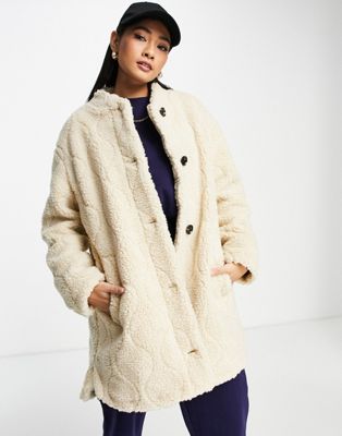 Vero Moda longline teddy coat in camel