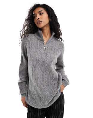 longline zip front sweater in medium gray melange